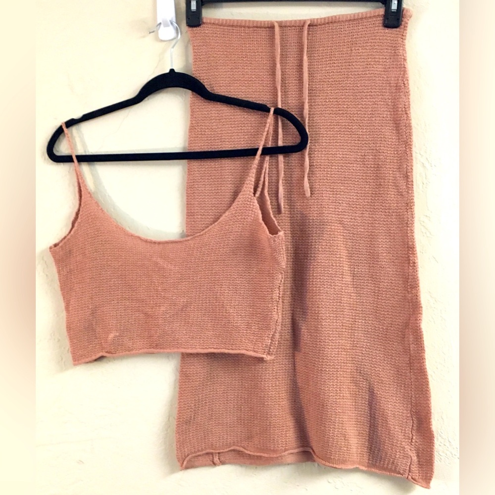 Onia Knit Skirt Set Small/XS Tan Skirt Tank Top Stretch Vacation Travel Festival